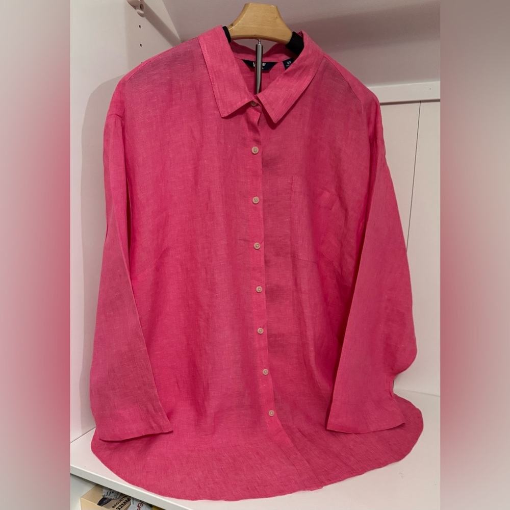 Lands' End 100% Linen Women’s Button Down Pink 3/4 Sleeve Blouse, Size: 2X NWOT